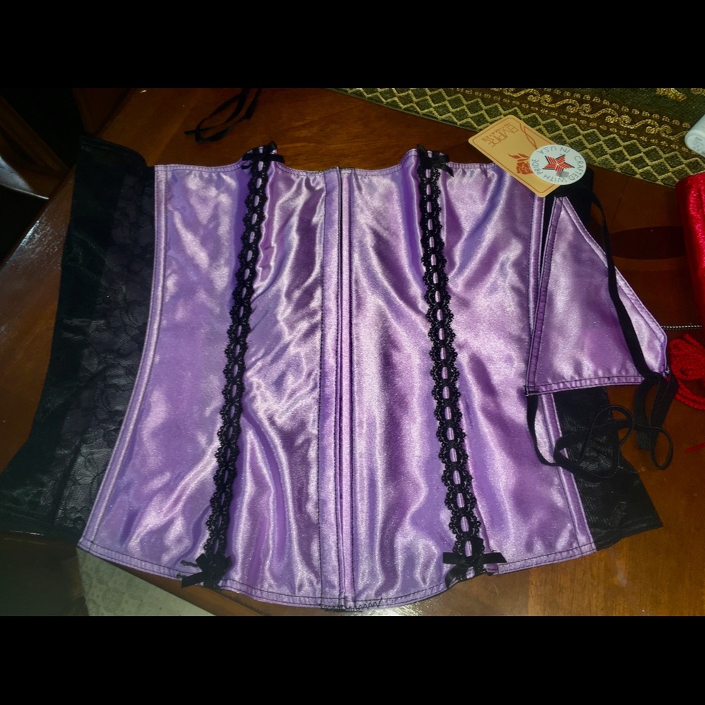 Purple satin plus size burlesque corset set